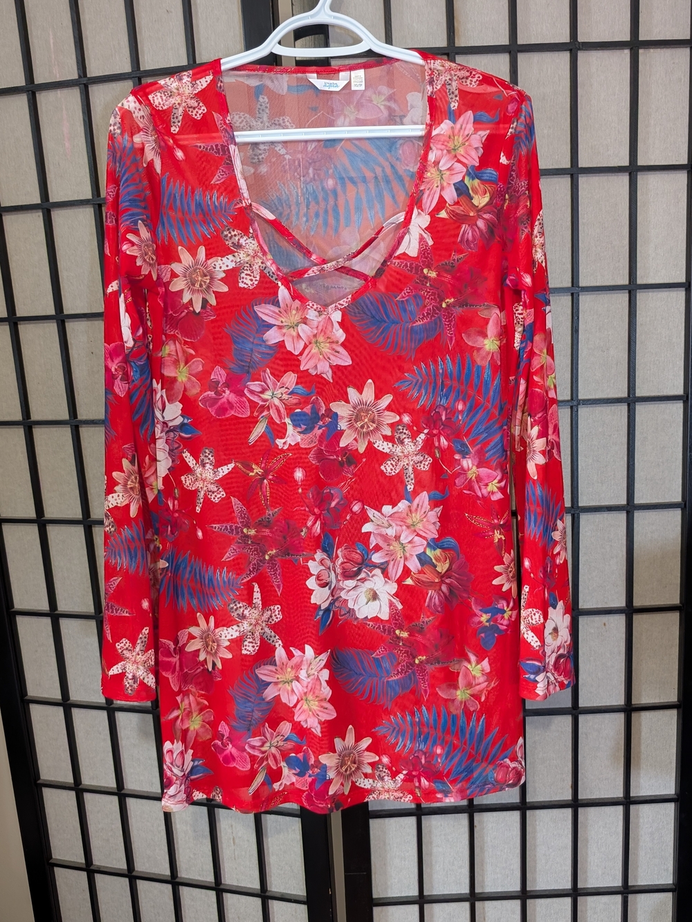 La Vie En Rose Aqua Bright Red Floral V-Neck Long Sleeve Women's Cover Up Sz XS